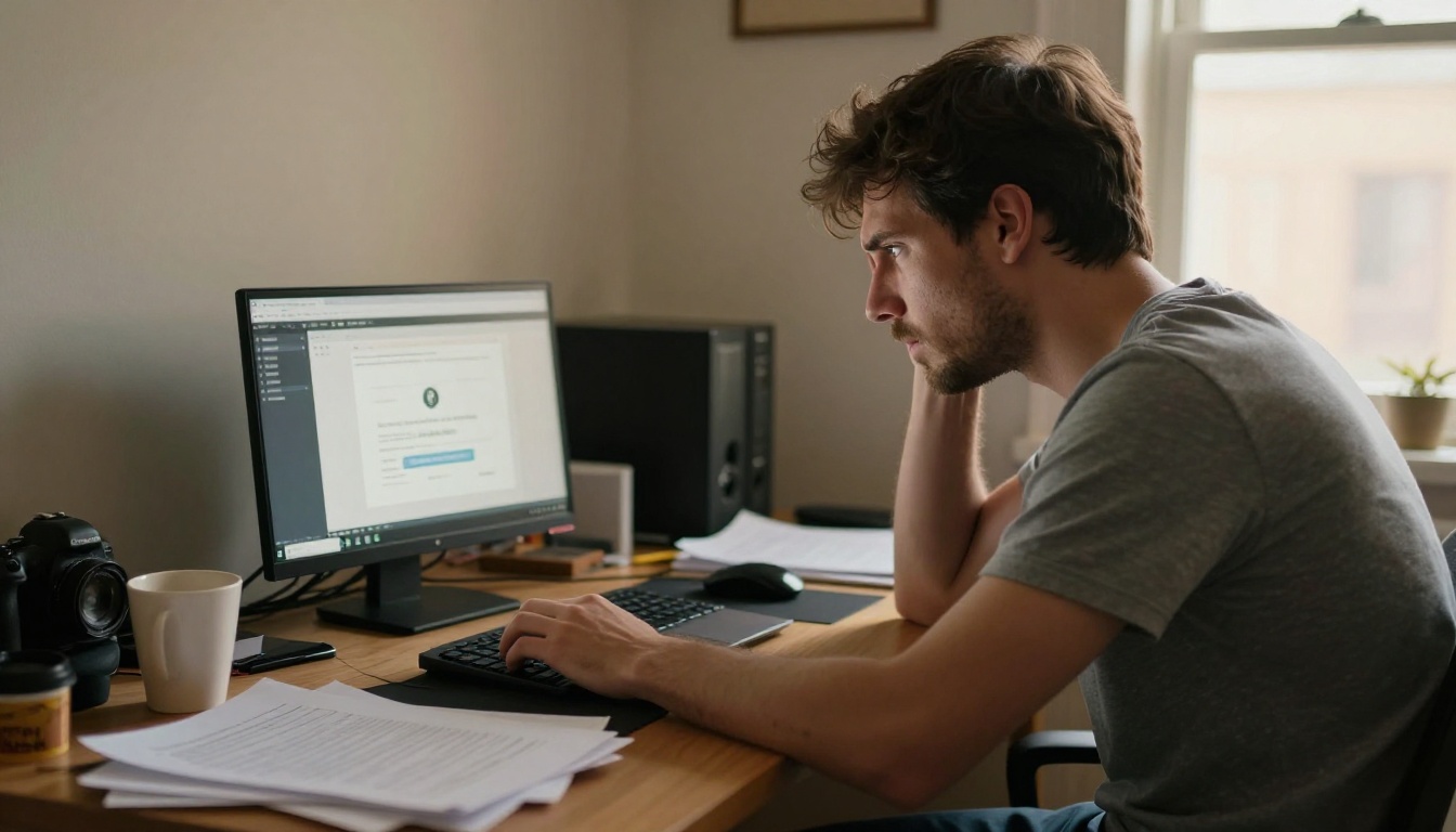 A frustrated professional staring at a laptop displaying a blurred paywall overlay and subscription prompt A frustrated professional staring at a laptop displaying a blurred paywall overlay and subscription prompt