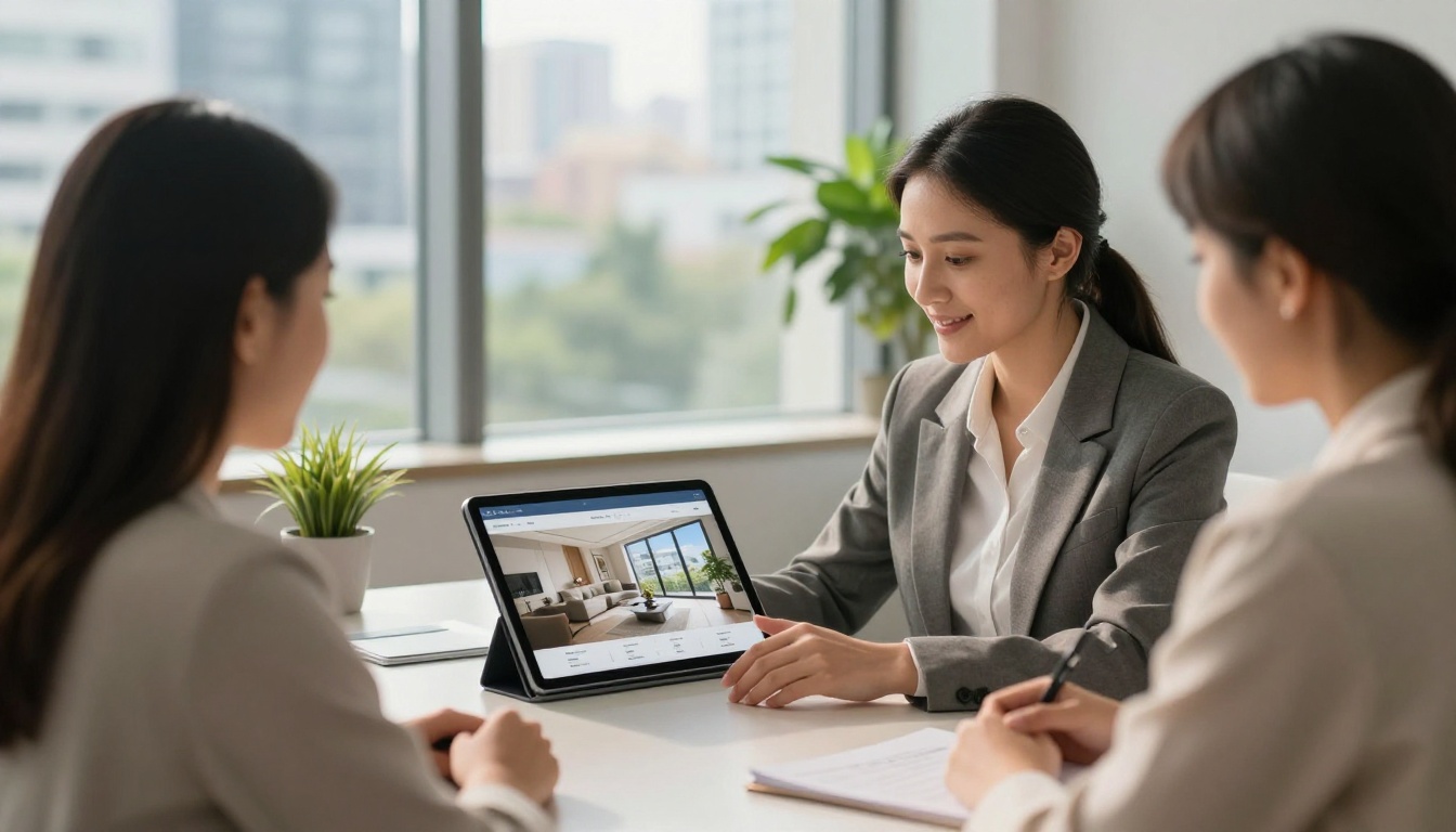 Real estate agent showing digital brochure on iPad to clients in bright office