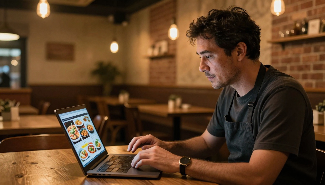 Restaurant owner reviewing digital menu flipbook on laptop in empty restaurant