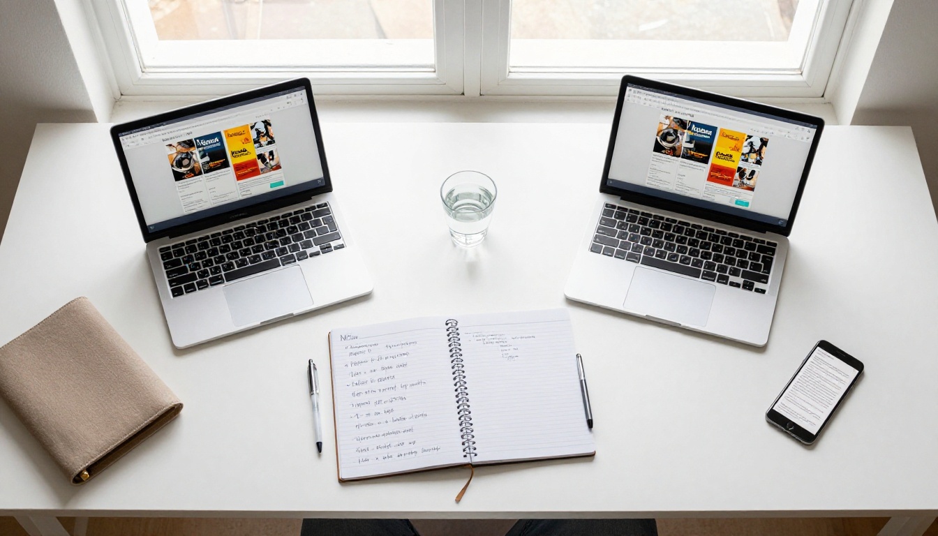 Aerial overhead flat-lay of two laptops side by side displaying different digital publishing platforms with a comparison notepad between them Aerial overhead flat-lay of two laptops side by side displaying different digital publishing platforms with a comparison notepad between them