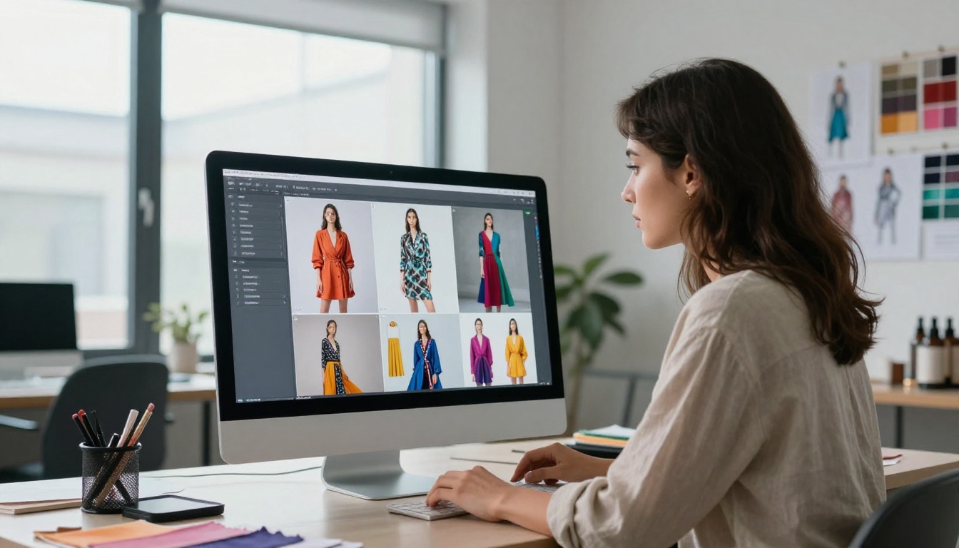 Fashion designer reviewing digital lookbook on monitor in a bright studio