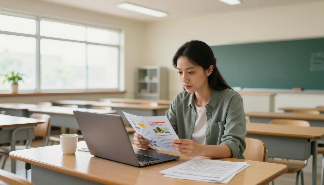 Female teacher reviewing digital course material on laptop in modern classroom