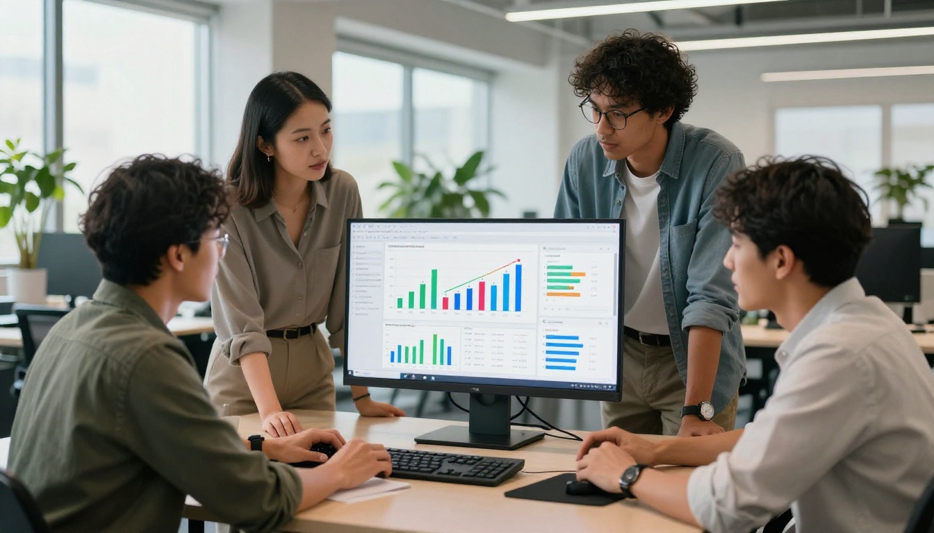 Marketing team gathered around monitor showing flipbook analytics dashboard