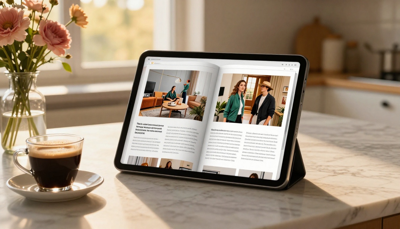 A beautiful tablet propped on a marble counter displaying a page-turn animation of a digital lifestyle magazine mid-flip A beautiful tablet propped on a marble counter displaying a page-turn animation of a digital lifestyle magazine mid-flip