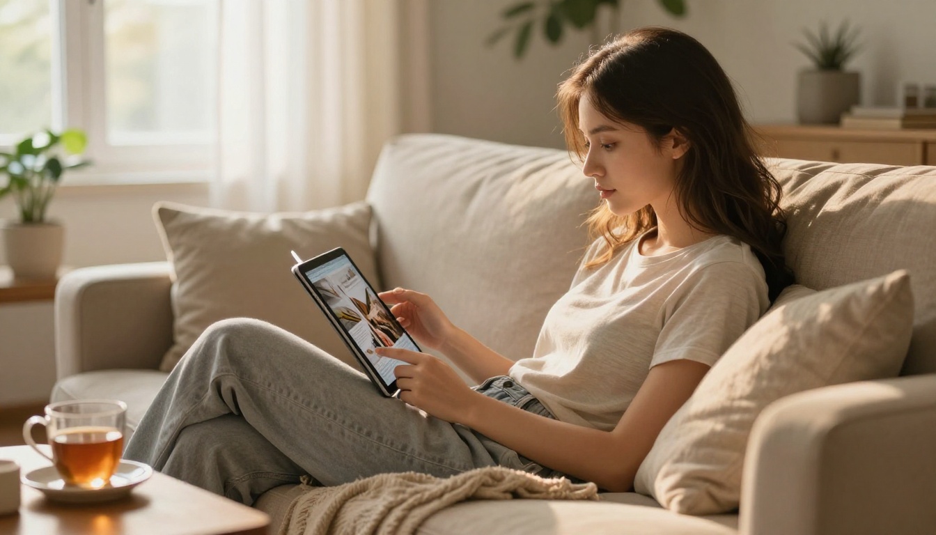 Woman reading a rich digital magazine on a tablet while relaxing at home