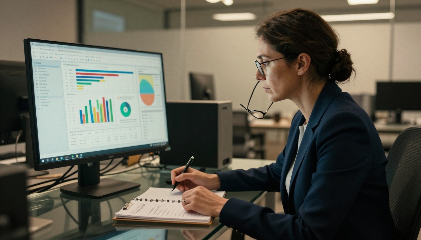 Business professional woman reviewing a publication analytics dashboard with charts and page view statistics on a large monitor Business professional woman reviewing a publication analytics dashboard with charts and page view statistics on a large monitor