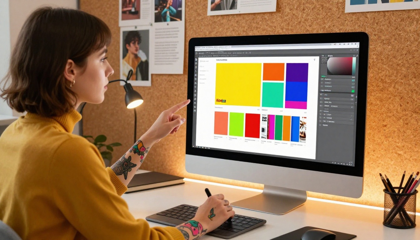 Young creative designer customizing a digital brochure on a large iMac with a vibrant brand color palette picker on screen Young creative designer customizing a digital brochure on a large iMac with a vibrant brand color palette picker on screen