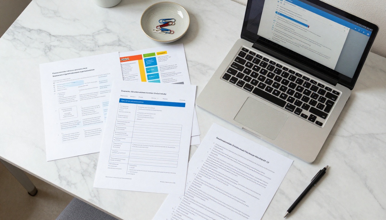 Aerial overhead flat-lay of a clean marble desk with PDF documents, printed brochures, and an open laptop