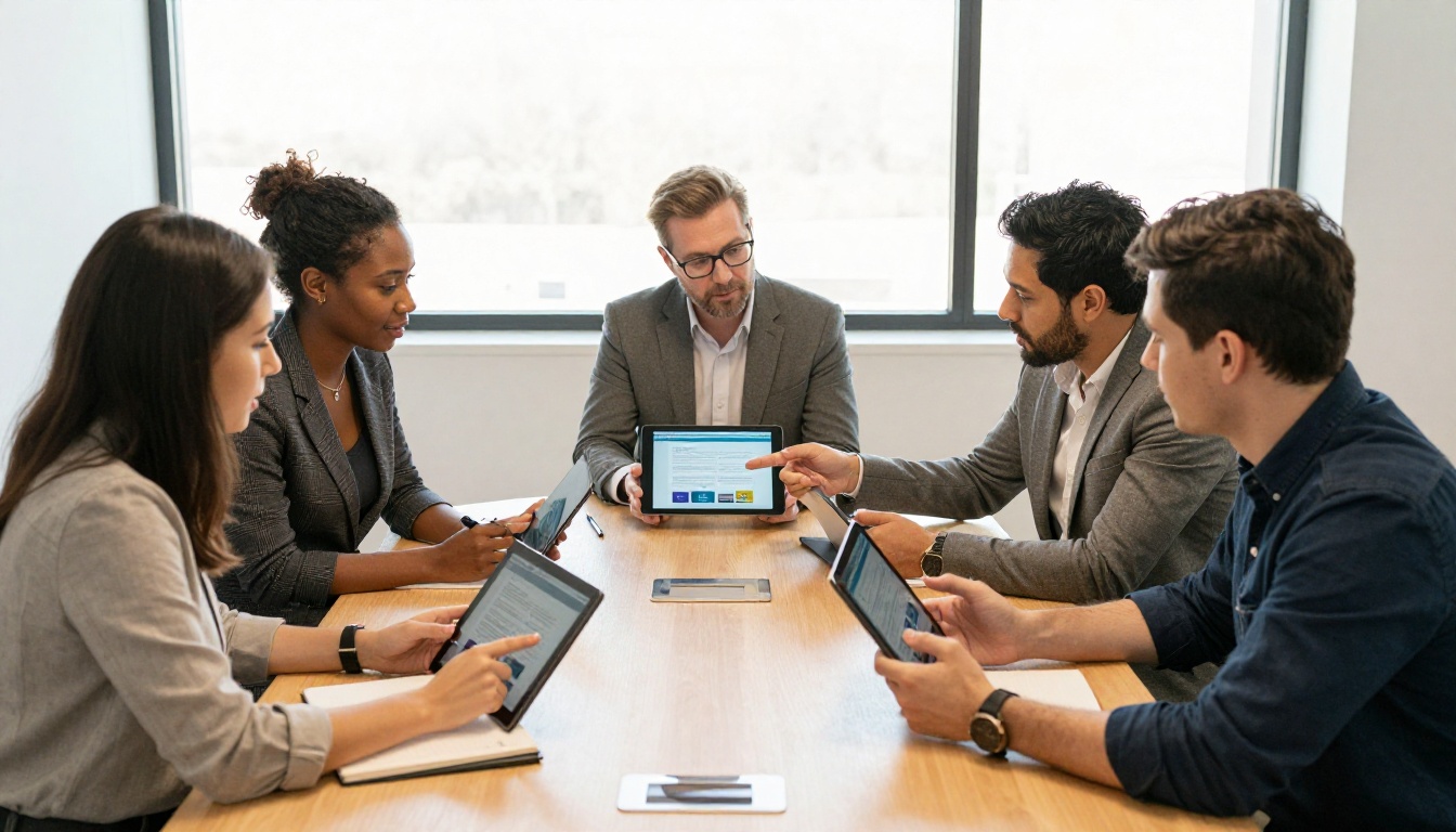 Small diverse team gathered around a conference table sharing tablets with digital publications in a bright co-working space Small diverse team gathered around a conference table sharing tablets with digital publications in a bright co-working space