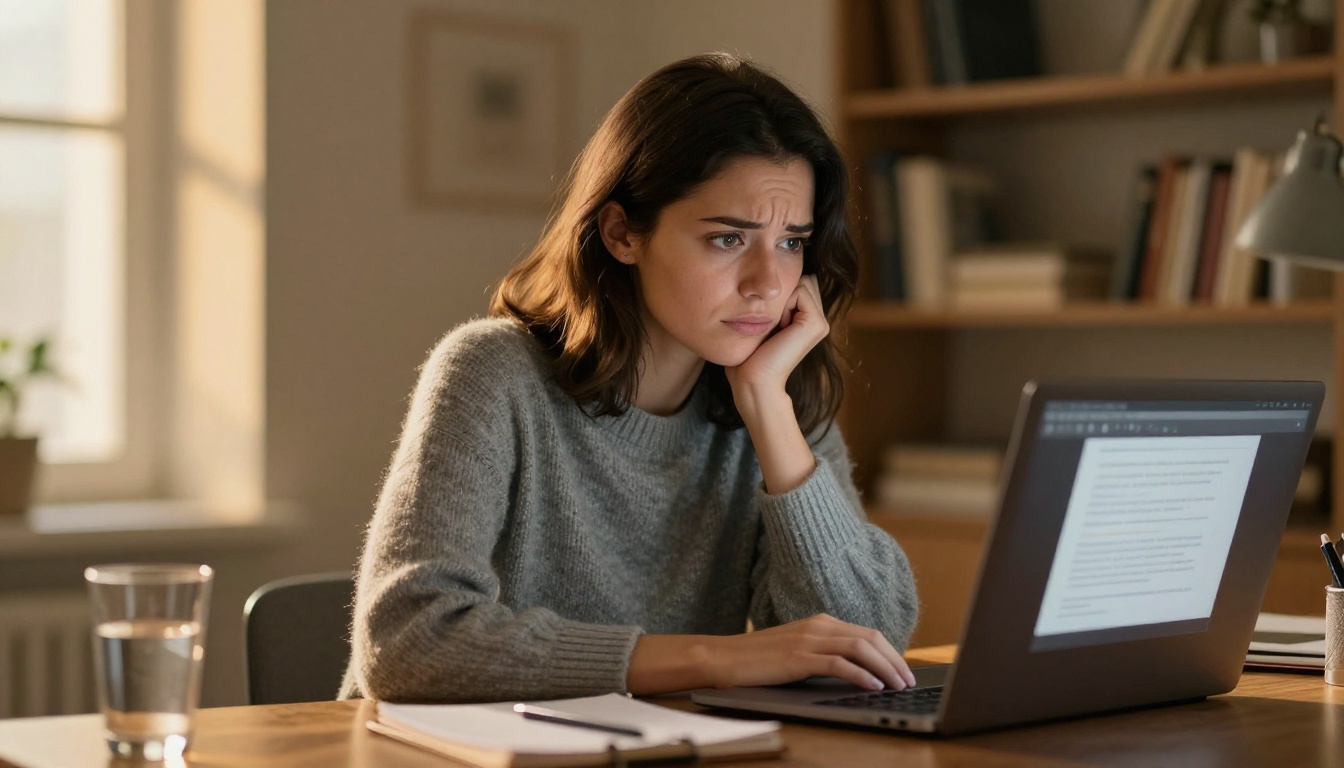 A young professional woman with a frustrated expression looking at a laptop screen showing a document with a watermark overlay