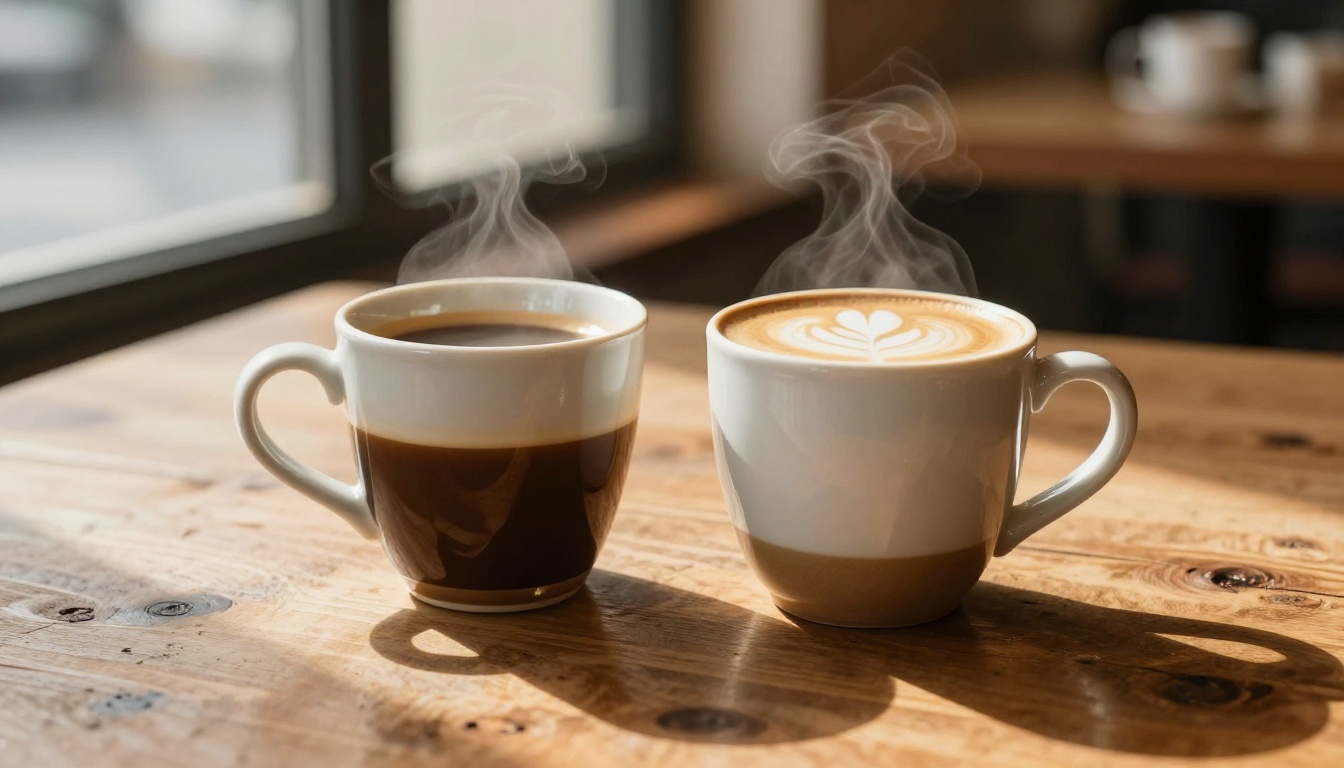 Two ceramic coffee cups side by side on a rustic wooden café table, a metaphor for comparing two platforms