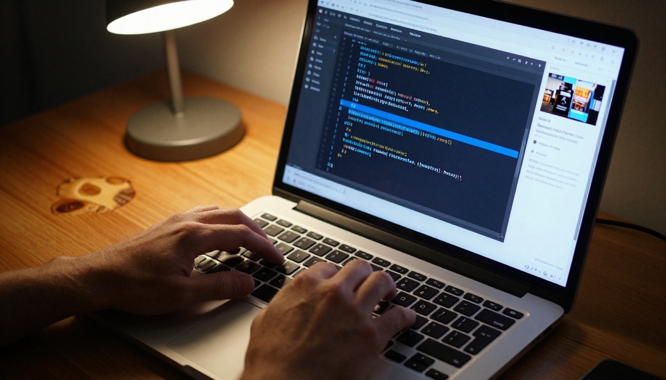 Close-up of hands typing an embed code snippet into a dark-themed code editor on a MacBook Pro with a website preview visible in a background tab Close-up of hands typing an embed code snippet into a dark-themed code editor on a MacBook Pro with a website preview visible in a background tab
