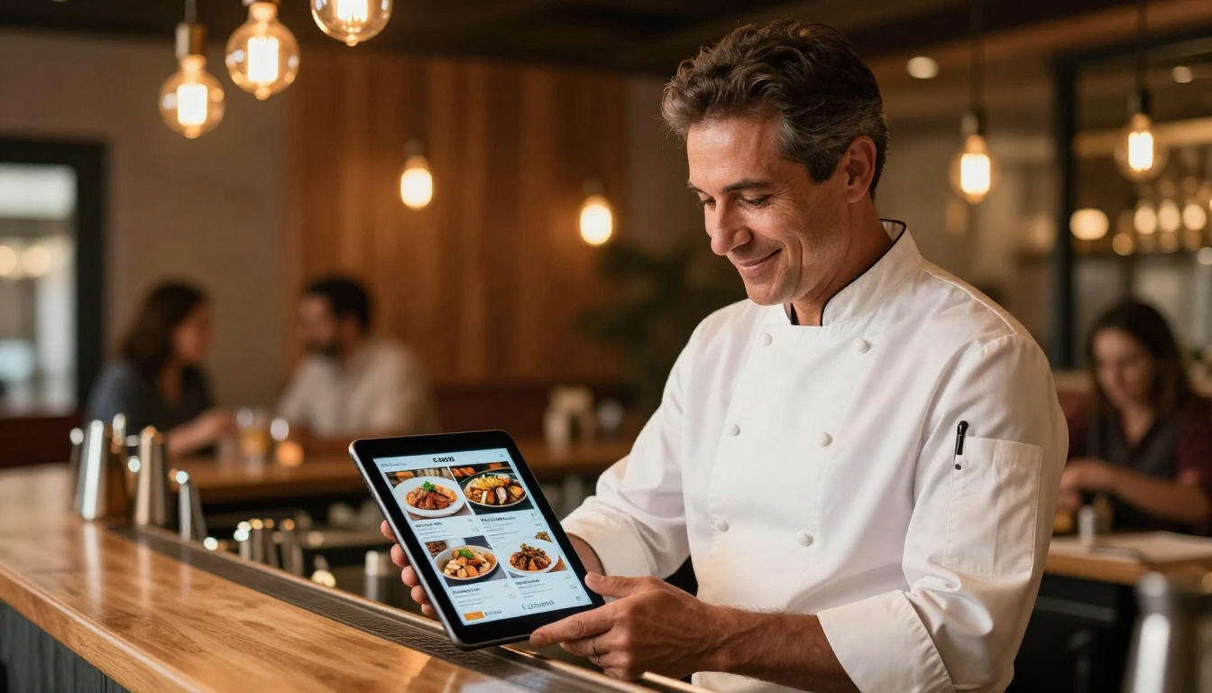 Restaurant owner holding a tablet displaying a beautifully designed digital menu behind an elegant bar counter with warm Edison bulb lighting Restaurant owner holding a tablet displaying a beautifully designed digital menu behind an elegant bar counter with warm Edison bulb lighting
