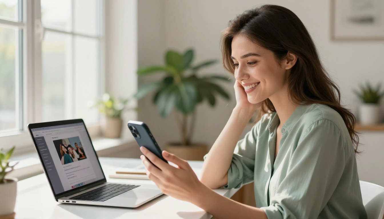 A young woman smiling while sharing a digital magazine link from her smartphone, with a laptop showing an embed code interface behind her