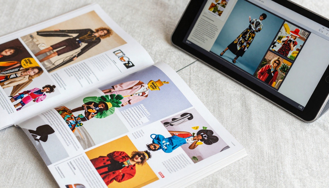 Colorful printed magazine spreads and brochures fanned out beside a tablet showing a matching digital flipbook