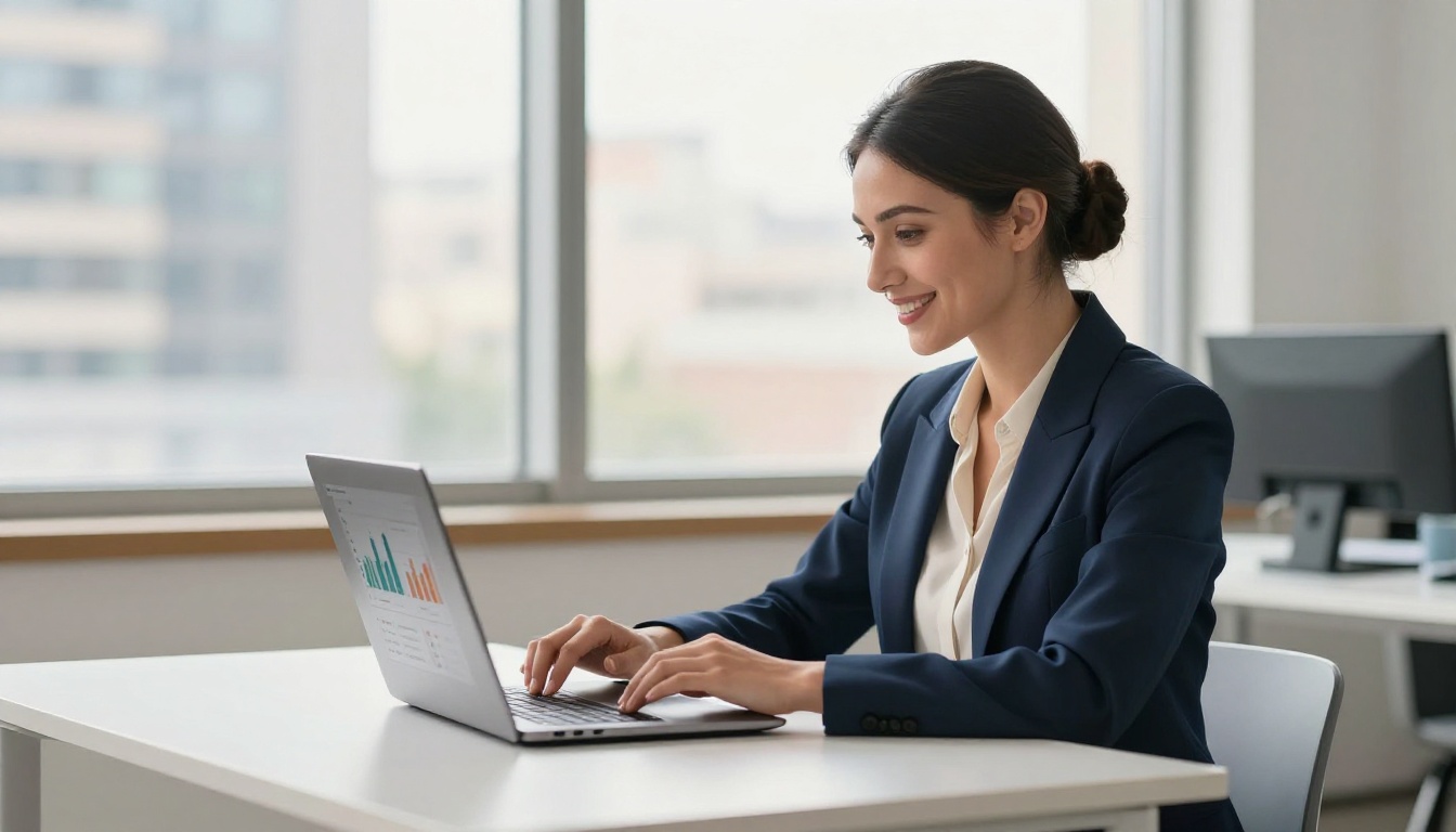 A professional woman in a navy blazer smiling while reviewing colorful analytics charts on a laptop in a bright sunlit office