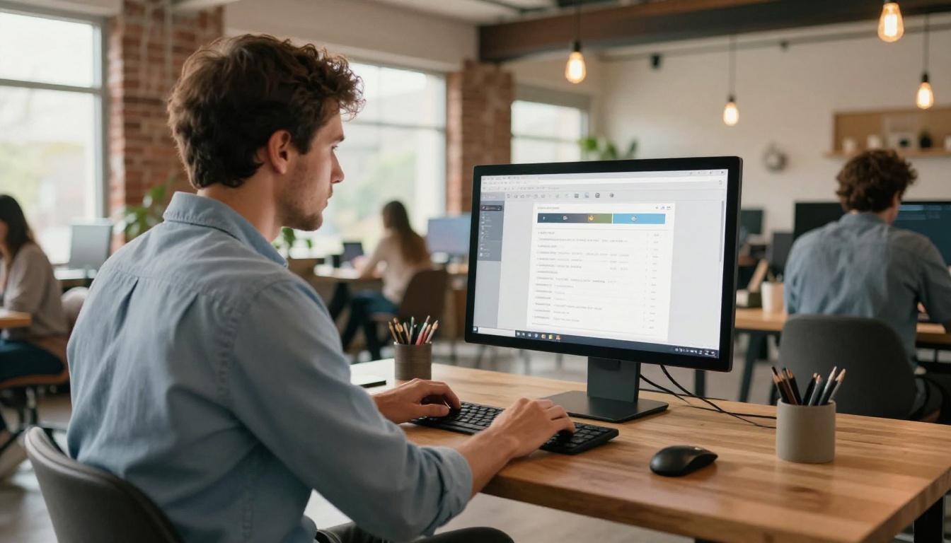 A man in a light blue Oxford shirt working at a wooden standing desk in a co-working space with exposed brick and Edison bulb lighting