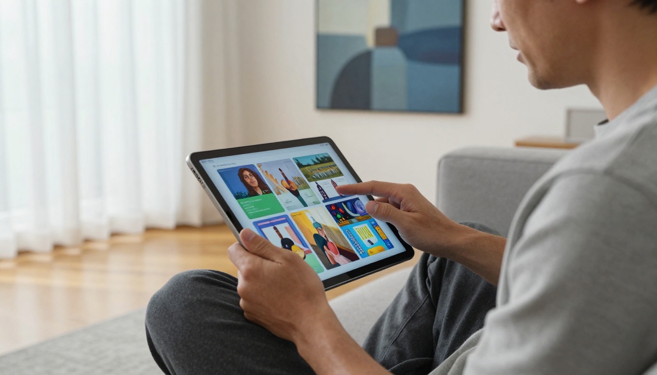 A man sitting on a modern sofa reviewing an interactive digital flipbook on an iPad, engaged expression, soft midday window light