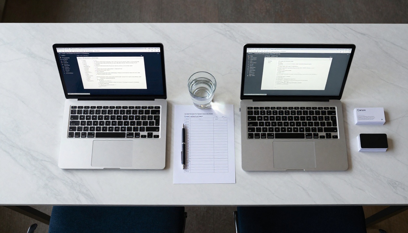 Two laptops side by side on a marble desk, one showing a cluttered toolbar-heavy interface and one with a clean minimal modern flipbook design