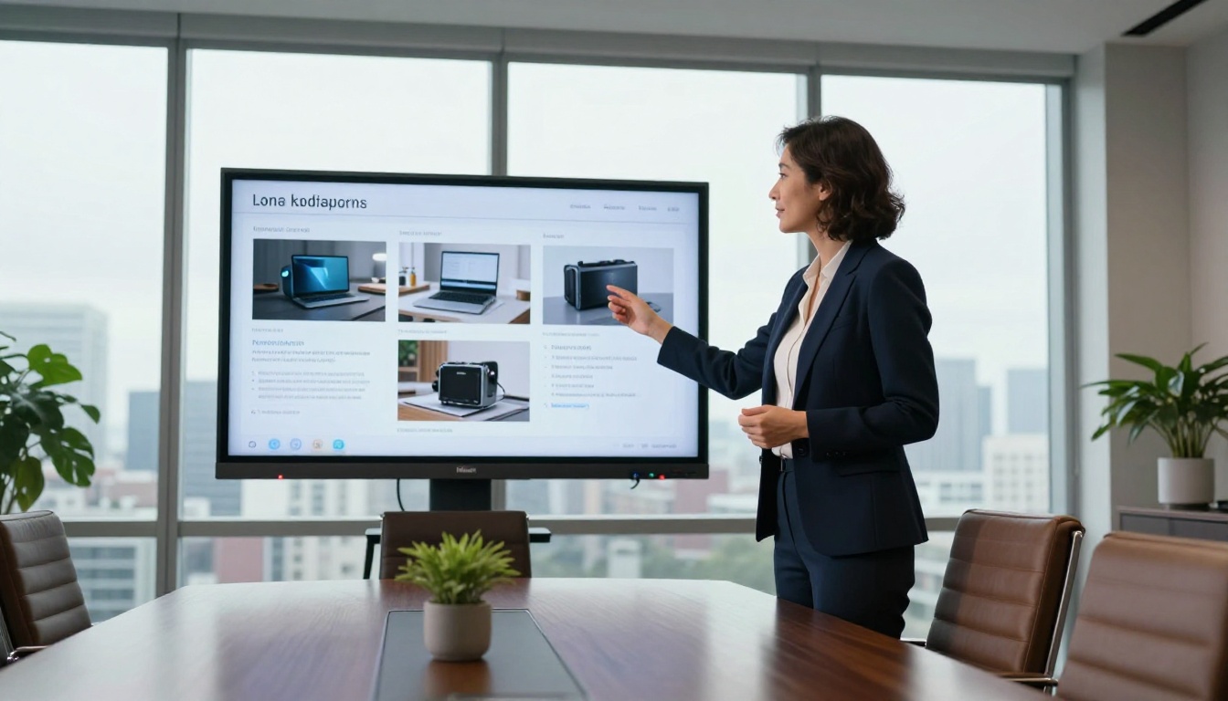 A confident businesswoman presenting a digital product catalog on a large boardroom screen, city skyline visible through floor-to-ceiling windows