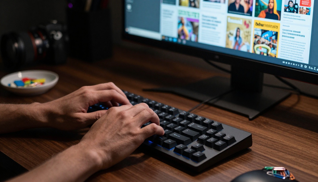 Close-up of a graphic designer's hands over a mechanical keyboard, a large monitor in the background showing a colorful e-magazine layout being designed