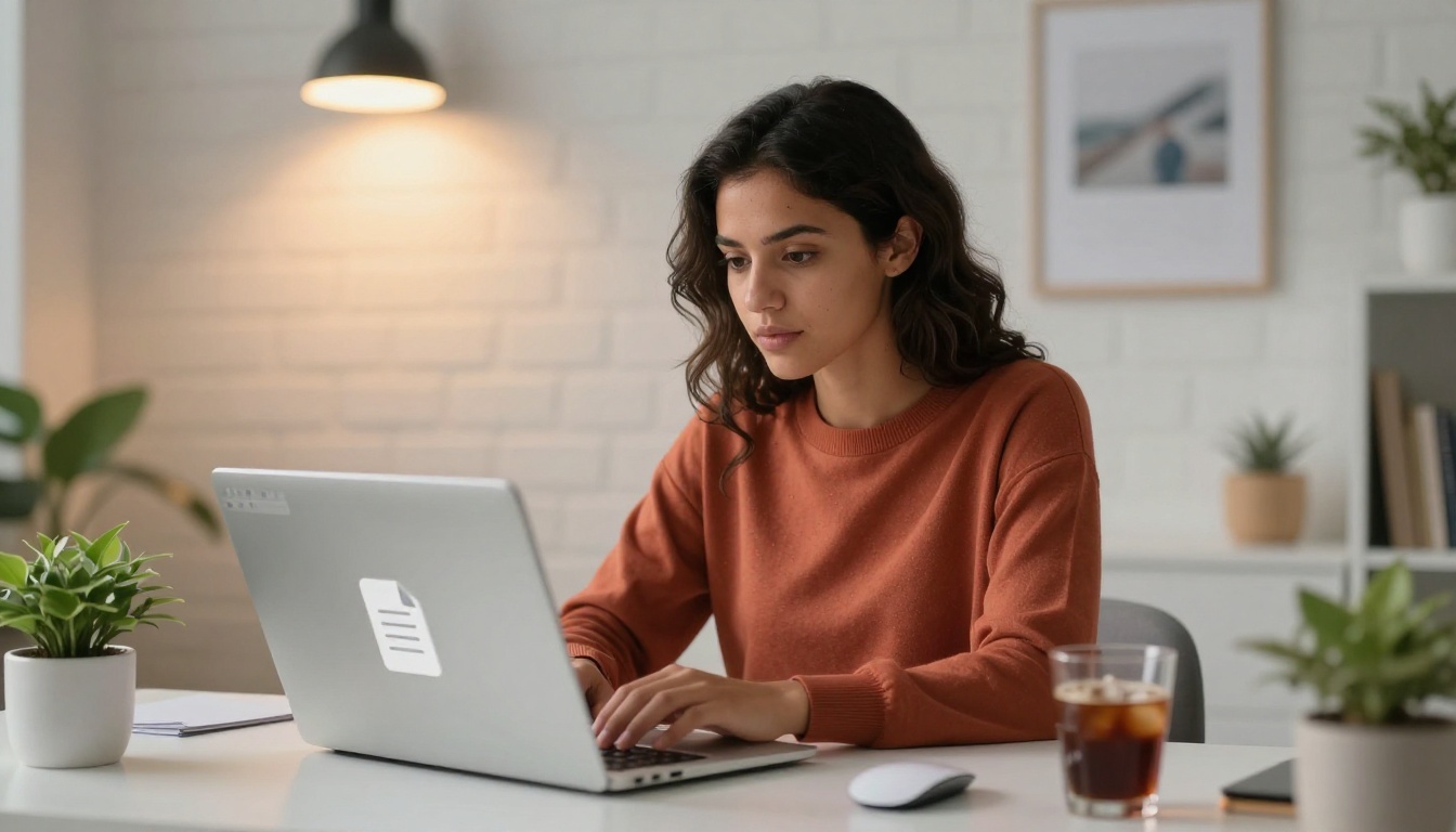 A young woman with olive skin dragging a PDF document to upload in her browser, focused expression, warm terracotta sweater, afternoon light