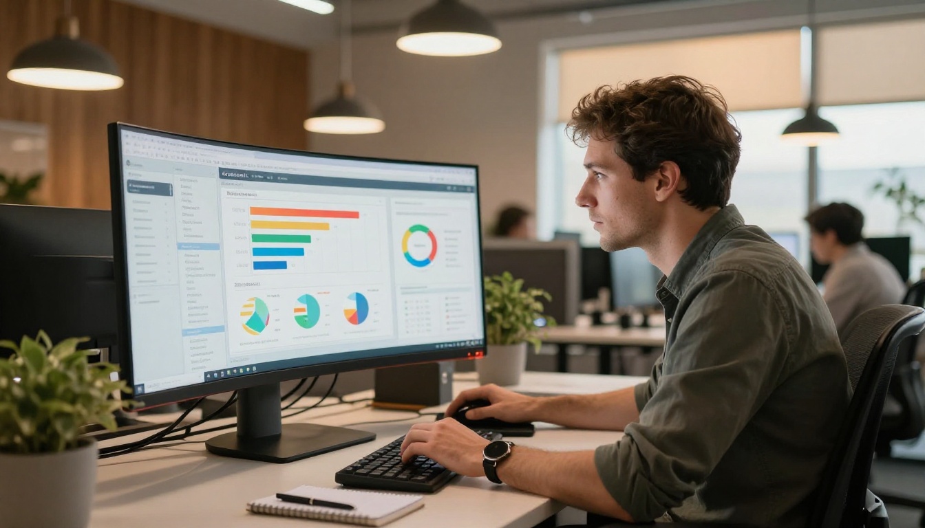 A marketing professional in a modern open-plan office studying engagement charts and funnel data on a large curved monitor, focused expression
