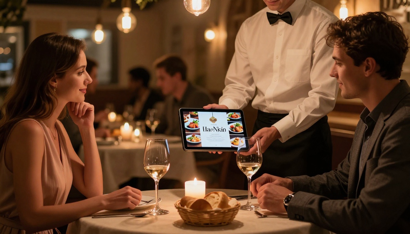 A waiter handing an iPad with a digital restaurant menu flipbook to a couple at a candlelit table, warm amber lighting, upscale setting