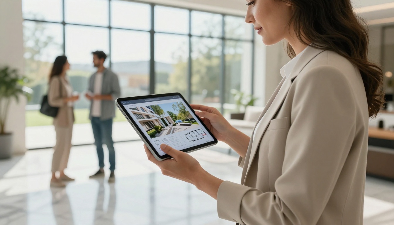 A real estate agent showing a digital property brochure flipbook on an iPad to clients in a bright luxury home foyer, cool natural daylight