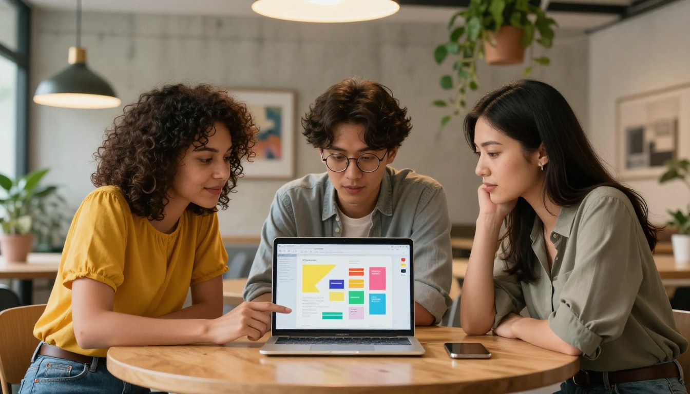 Three young professionals leaning together over a laptop in a creative workspace, reviewing a digital flipbook, warm pendant lighting overhead
