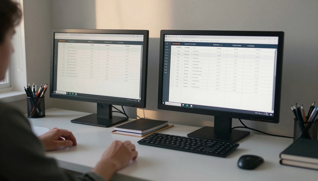 Marketing professional at a clean white desk comparing two pricing tables on dual monitors, soft natural window light, Kodak Portra 400 film grain