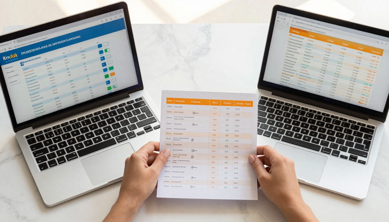 Two laptops displaying pricing comparison tables side by side on a white marble desk