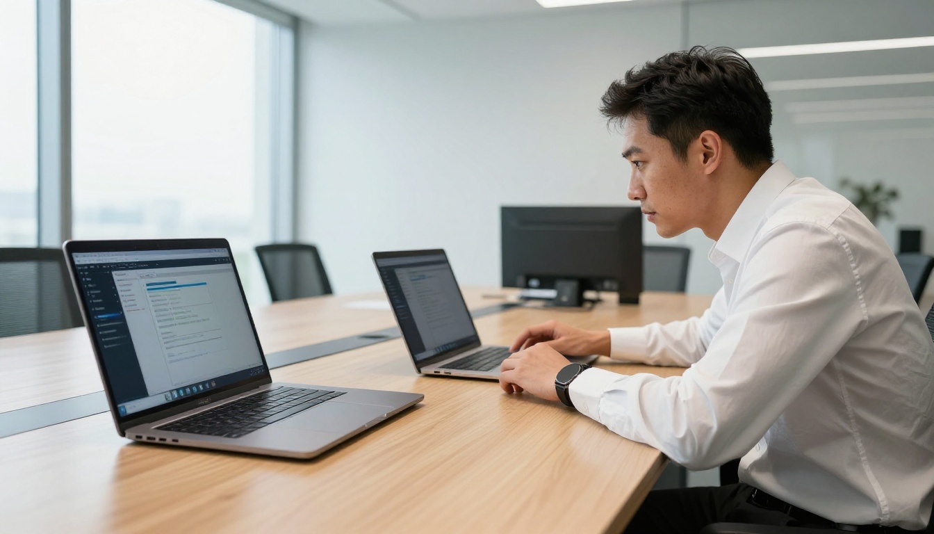 Business professional comparing two software options side by side on laptops