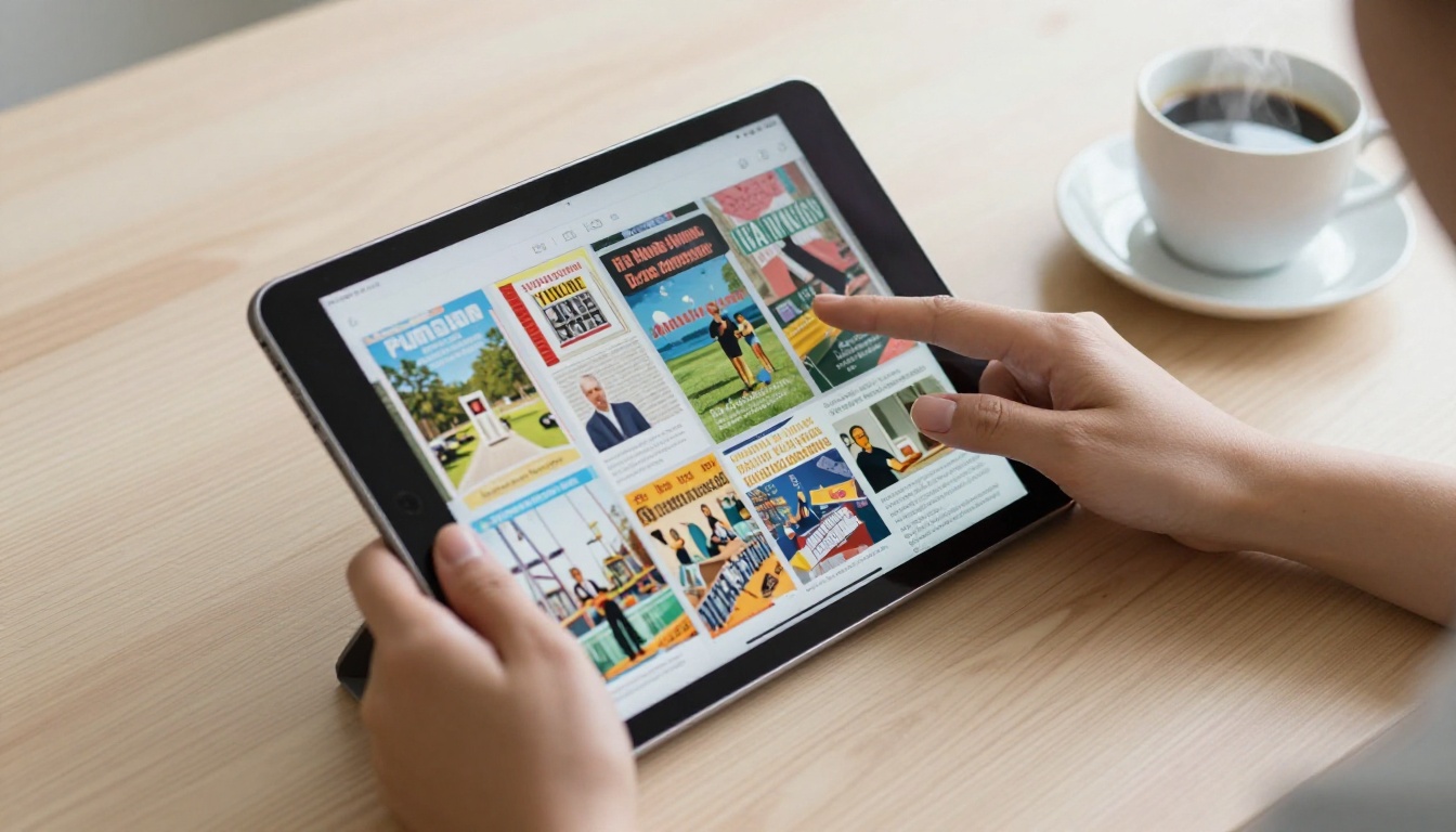 Close-up aerial view of businesswoman's hands scrolling through a vibrant digital flipbook on a modern iPad Pro at a light oak desk