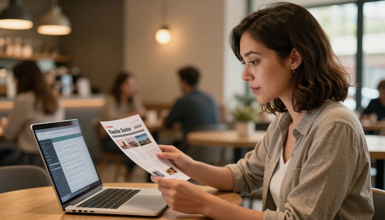 Small business owner comparing digital catalog on laptop vs printed brochure in a bright modern cafe, warm window light