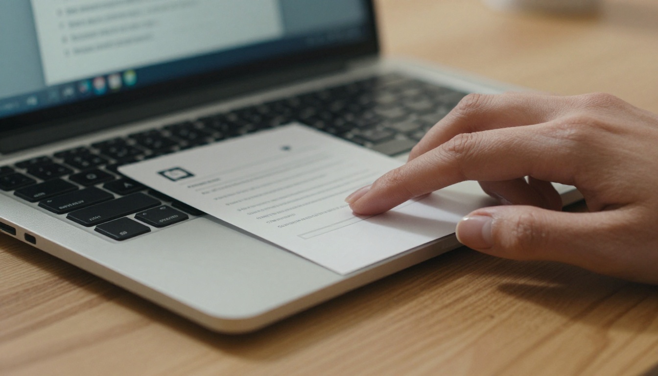 Close-up of hands dragging a PDF file onto a laptop upload interface