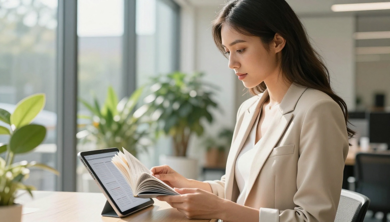 Young professional woman holding a tablet displaying a digital flipbook with pages fanning open