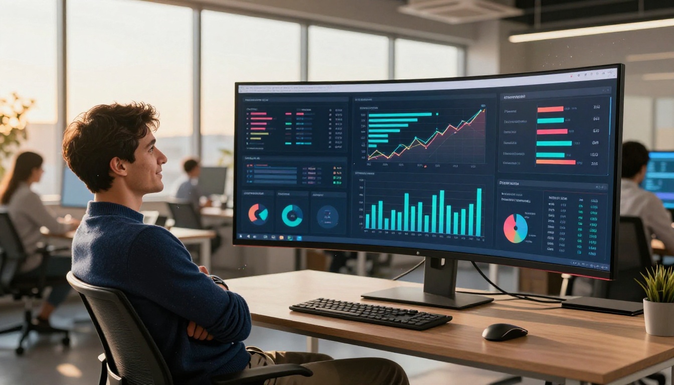 Analytics dashboard on a large curved monitor in a modern open-plan office