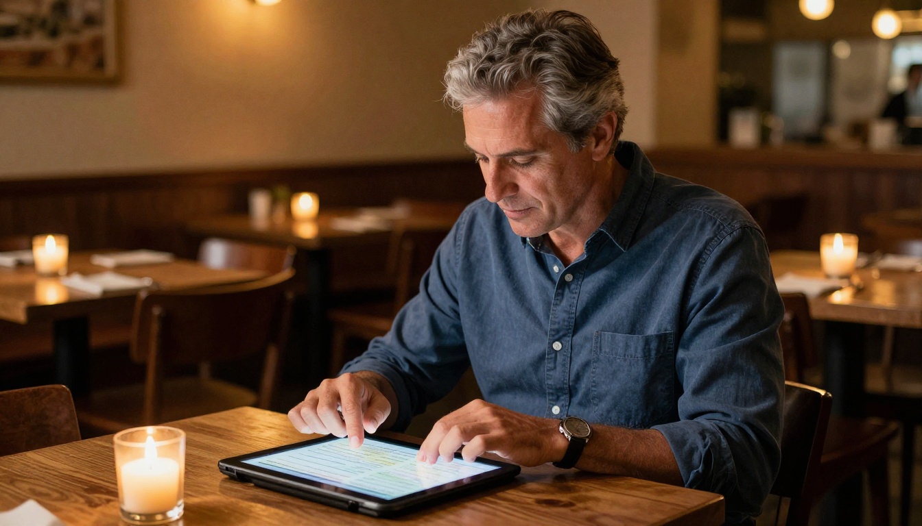 Restaurant owner reviewing a digital menu on an iPad at a wooden restaurant table with warm ambient lighting