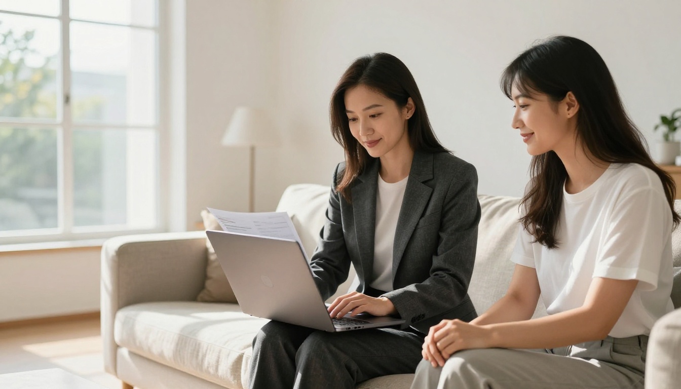 Real estate agent presenting a digital brochure on a laptop to a young couple in a modern living room