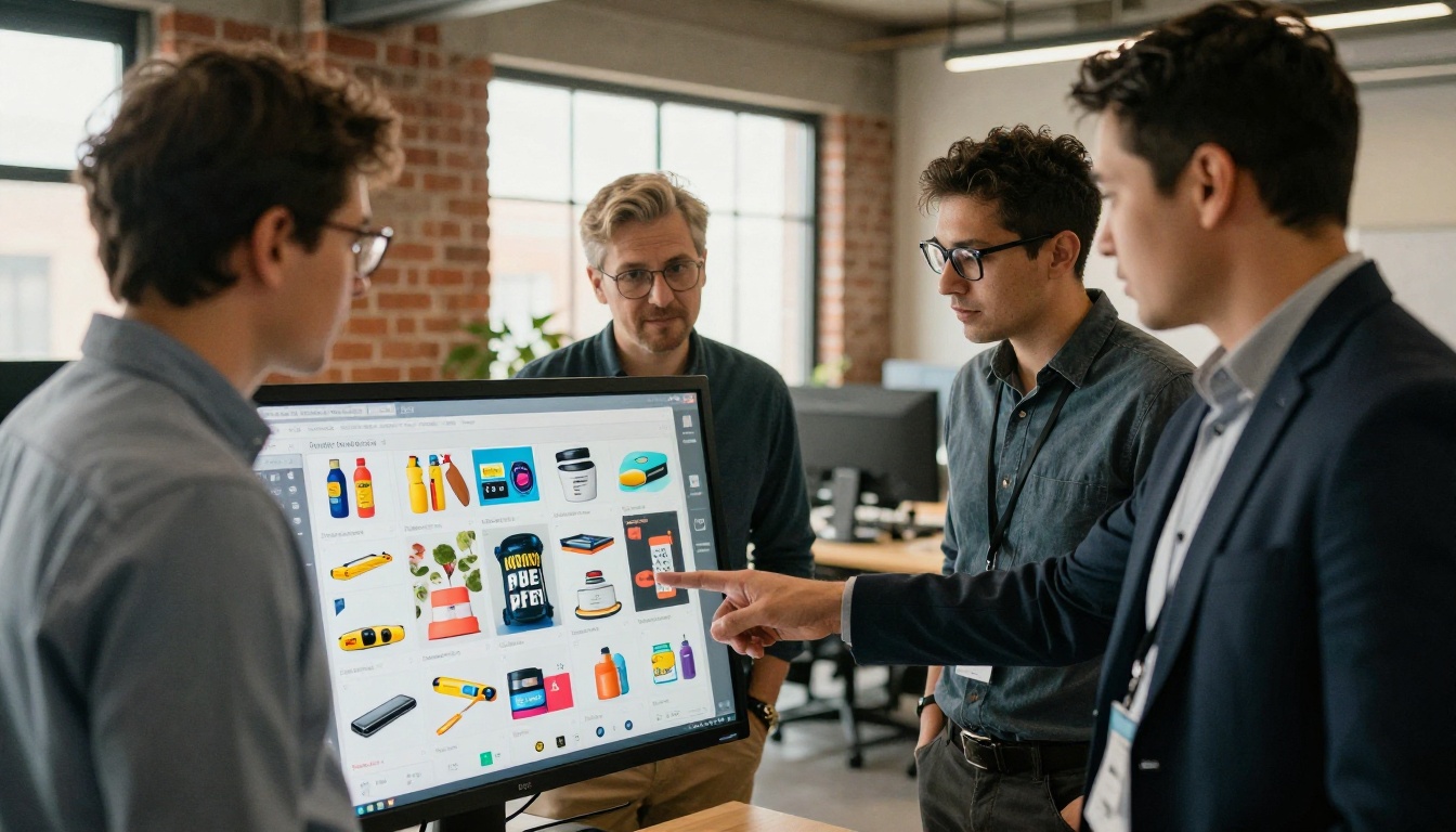 Business team of three professionals gathered around a large monitor displaying an interactive digital flipbook, collaborative office with exposed brick and large windows