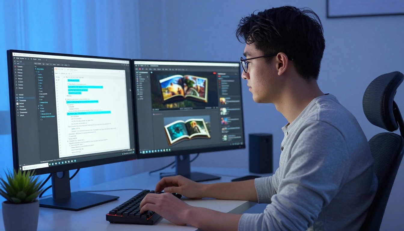 Developer at dual-monitor setup showing embed code and flipbook live preview