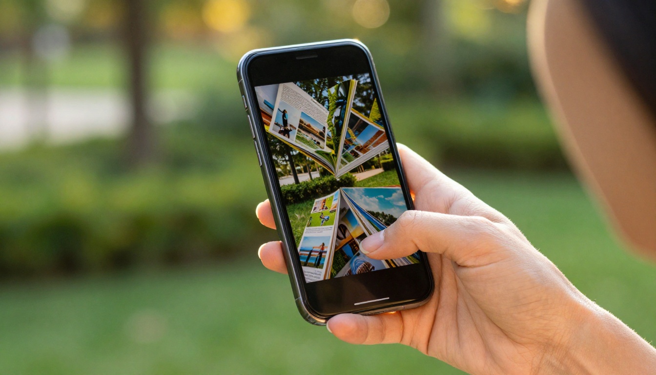Woman's hand holding a smartphone showing a colorful travel magazine flipbook outdoors