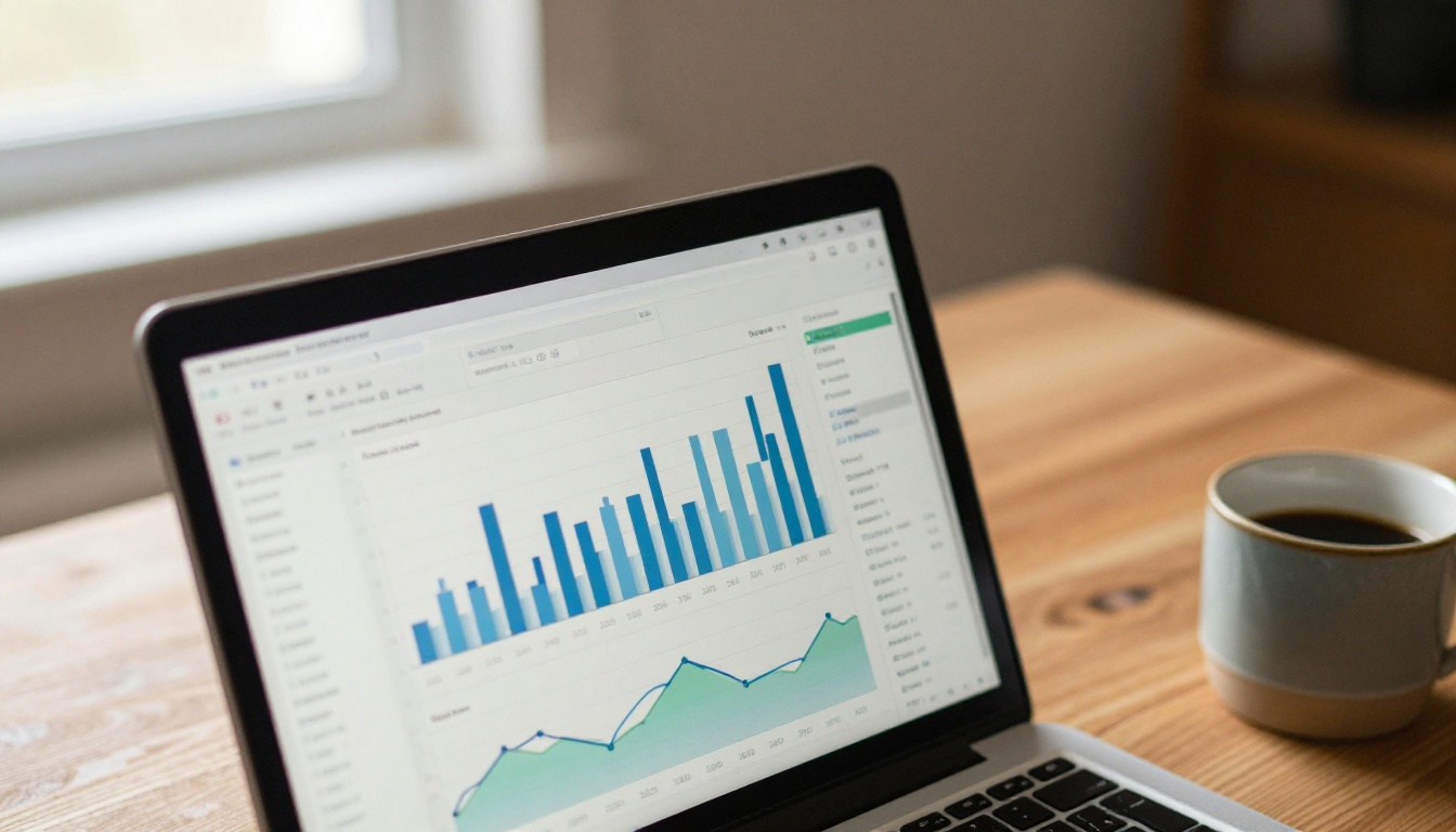 Analytics dashboard on laptop showing bar charts and engagement data beside a coffee cup