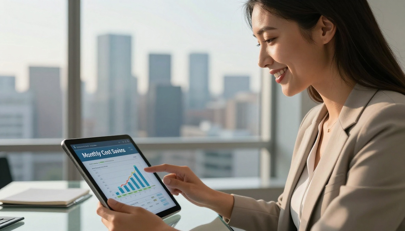 Female marketing executive smiling while reviewing cost savings chart on tablet, city skyline through floor-to-ceiling office windows, Canon 85mm, Kodak Portra 400
