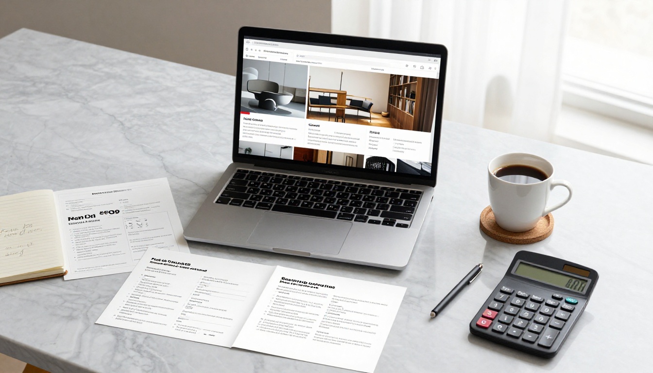Overhead flat lay of modern workspace with MacBook showing digital flipbook, printed pricing sheets, calculator, coffee cup, and notepad on light marble desk