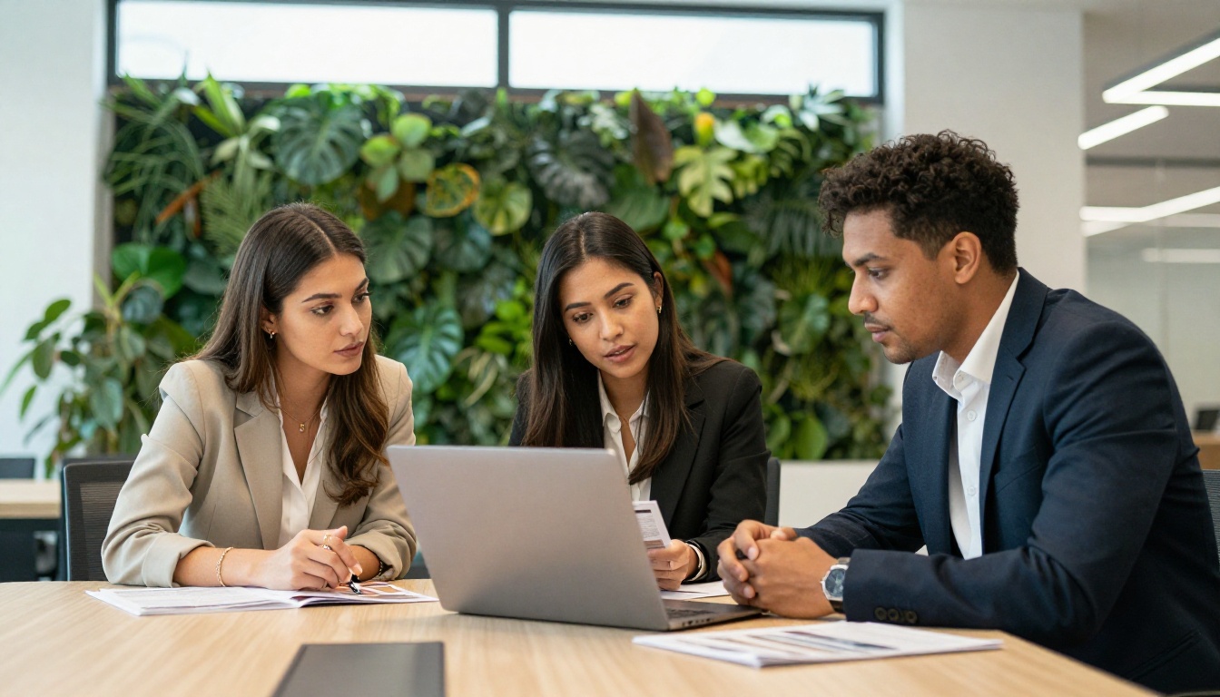 Marketing team of three professionals reviewing digital and printed catalog materials together around a conference table