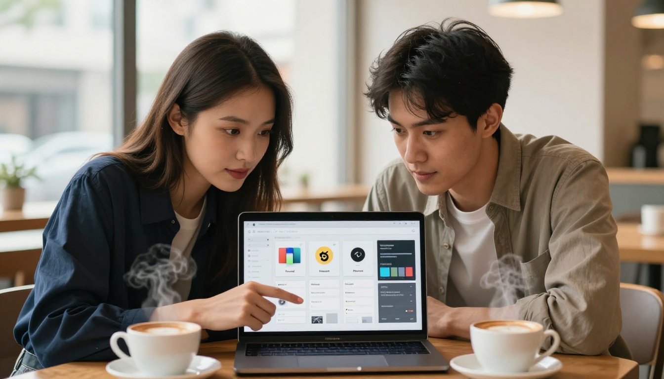 Two young professionals collaborating over a flipbook customization screen in a modern cafe