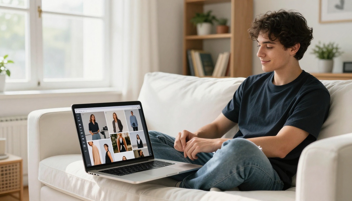 Young creative professional working from a bright home studio, sitting on a white sofa with a MacBook showing a digital lookbook, natural daylight, relaxed expression
