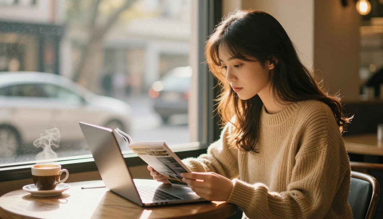 Woman reading a digital e-magazine at a cozy cafe window seat with warm golden afternoon light